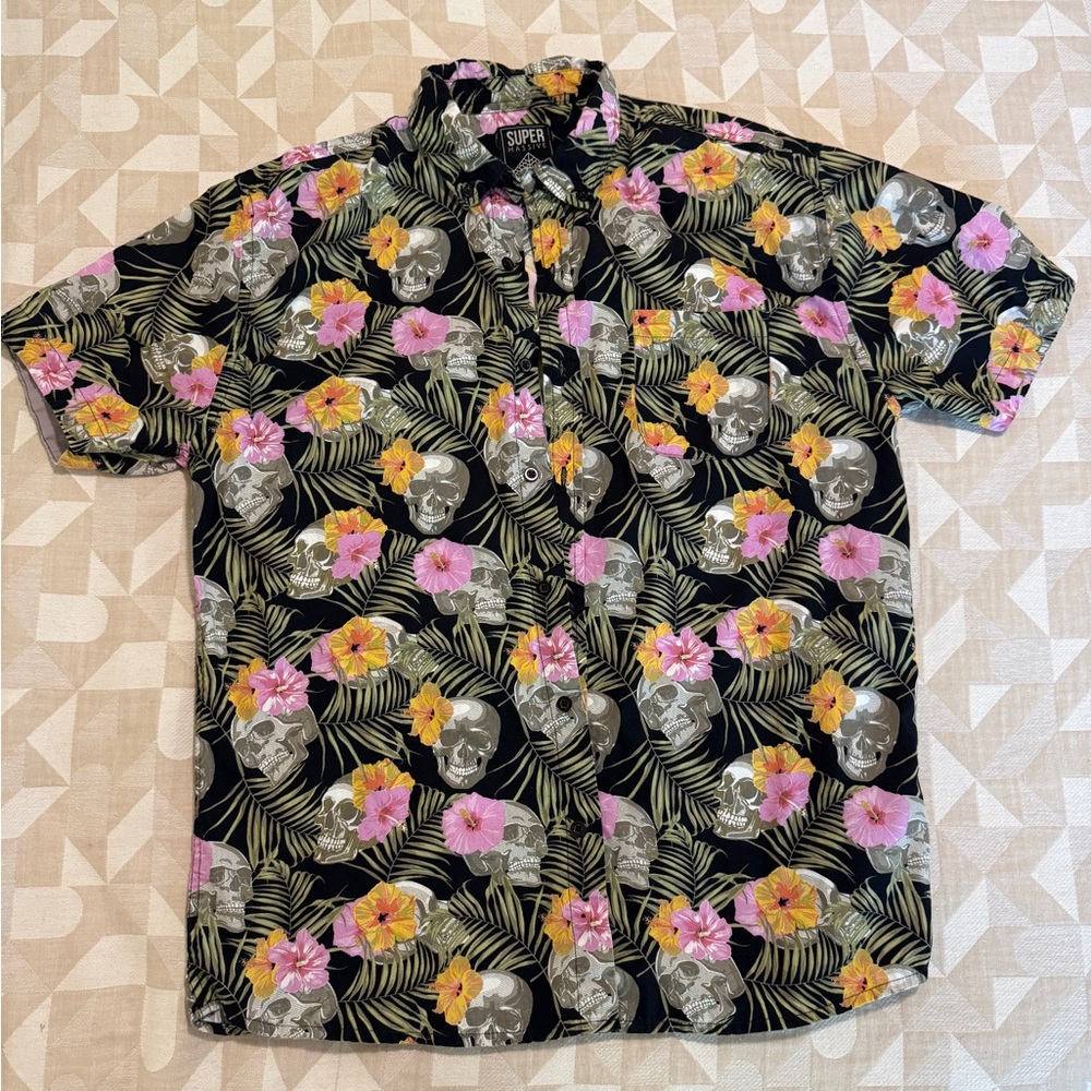 Black and Pink Casual Floral Button Down Shirt super massive size large